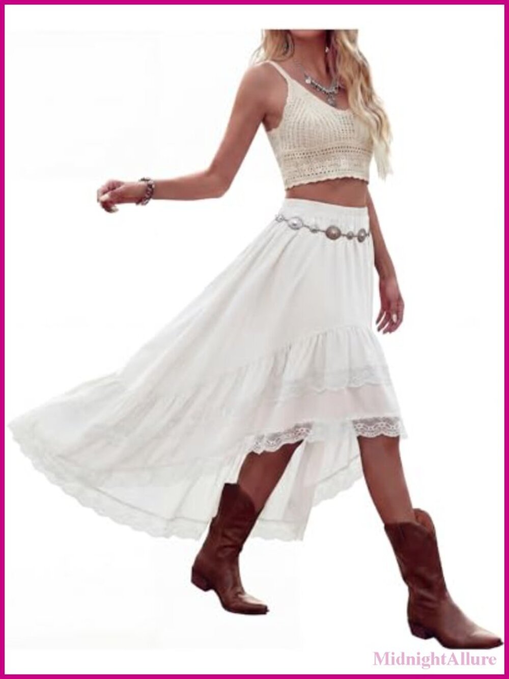 Women High Low Lace Ruffle Skirt Boho Maxi Elastic Waist